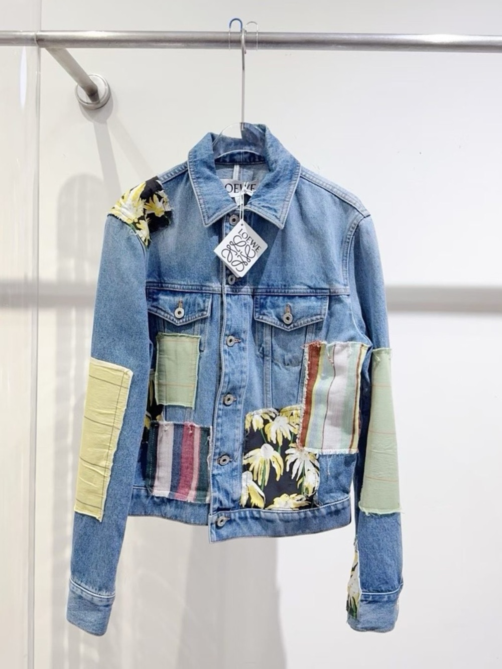 🚩steal Loewe Light Denim Patchwork Jacket with Tan Leather Logo